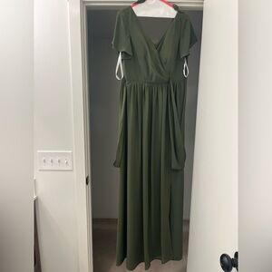 Revelry Harper Chiffon Faux Deep Olive Green wrap Dress